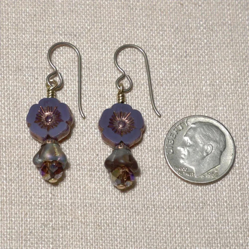 Hand Crafted Handmade Earrings Czech Glass Plum Flower Hibiscus Earrings - Picture 3 of 4